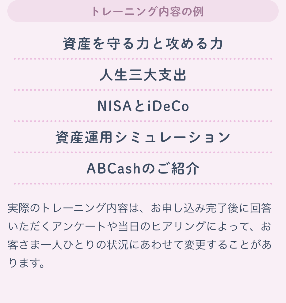 トレーニング内容の例 資産を守る力と攻める力/人生三大支出/NISAとiDeCo/資産運用シミュレーション/ABCashのご紹介